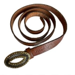 EUC Fossil Brown Leather Belt With Rhinestone Embellished Buckle Size:44 in